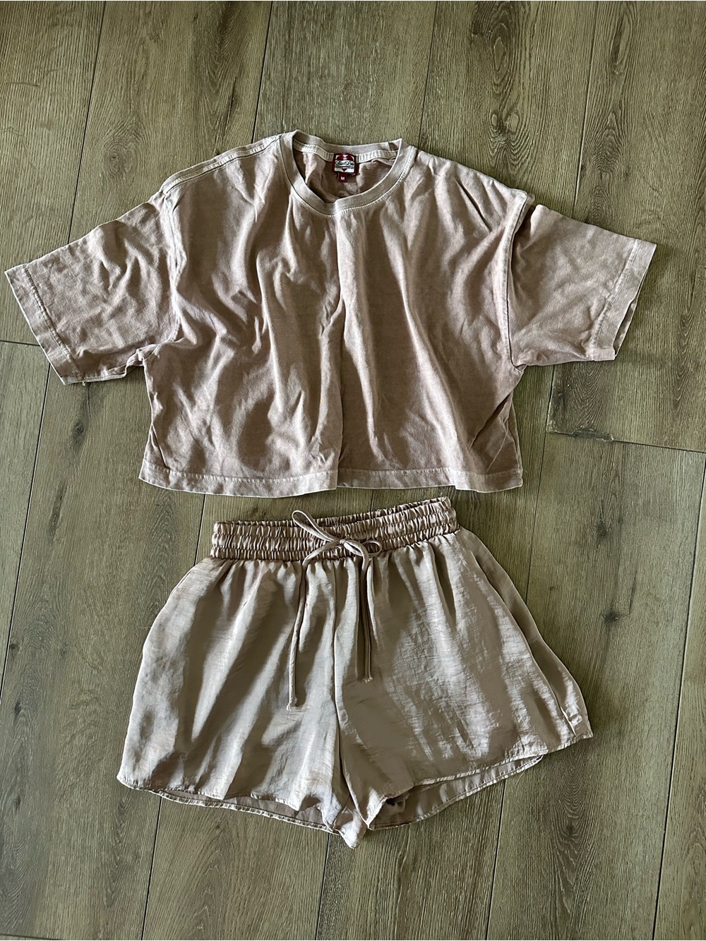 Womens Beige Cropped Tee & Satin Drawstring Shorts Set (includes both pieces!)